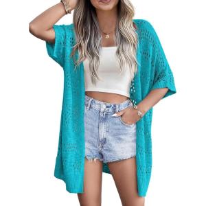 imageZeagoo Lightweight Summer Crochet Cardigan for Women Short Sleeve Kimono Boho Oversized Open Front Knitted CardiganTeal