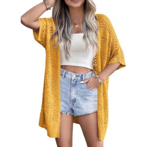 imageZeagoo Lightweight Summer Crochet Cardigan for Women Short Sleeve Kimono Boho Oversized Open Front Knitted CardiganYellow