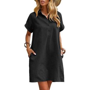 imageZeagoo Womens Cotton Shirt Dress Summer Casual Short Sleeve Button Down Beach Cover Up Shirts with PocketsBlack