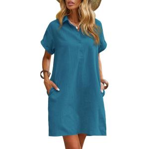 imageZeagoo Womens Cotton Shirt Dress Summer Casual Short Sleeve Button Down Beach Cover Up Shirts with PocketsBlue Green