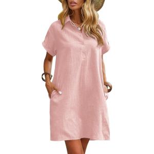 imageZeagoo Womens Cotton Shirt Dress Summer Casual Short Sleeve Button Down Beach Cover Up Shirts with PocketsBlue White Stripe