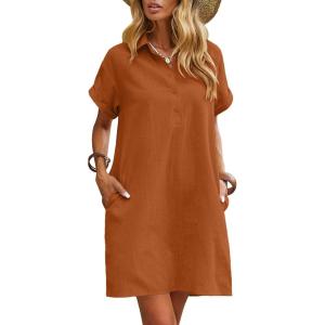 imageZeagoo Womens Cotton Shirt Dress Summer Casual Short Sleeve Button Down Beach Cover Up Shirts with PocketsBrown