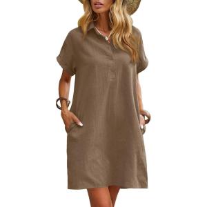 imageZeagoo Womens Cotton Shirt Dress Summer Casual Short Sleeve Button Down Beach Cover Up Shirts with PocketsDark Brown