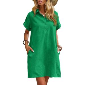imageZeagoo Womens Cotton Shirt Dress Summer Casual Short Sleeve Button Down Beach Cover Up Shirts with PocketsForest Green