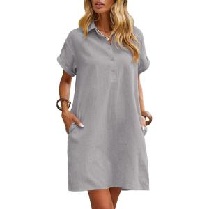 imageZeagoo Womens Cotton Shirt Dress Summer Casual Short Sleeve Button Down Beach Cover Up Shirts with PocketsGrey