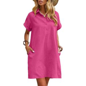 imageZeagoo Womens Cotton Shirt Dress Summer Casual Short Sleeve Button Down Beach Cover Up Shirts with PocketsHot Pink