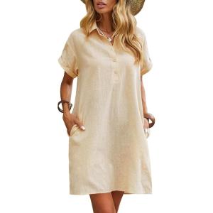 imageZeagoo Womens Cotton Shirt Dress Summer Casual Short Sleeve Button Down Beach Cover Up Shirts with PocketsKhaki
