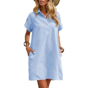 imageZeagoo Womens Cotton Shirt Dress Summer Casual Short Sleeve Button Down Beach Cover Up Shirts with PocketsLight Blue