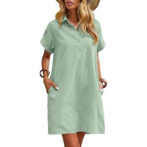 imageZeagoo Womens Cotton Shirt Dress Summer Casual Short Sleeve Button Down Beach Cover Up Shirts with PocketsLight Green