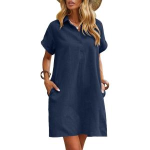 imageZeagoo Womens Cotton Shirt Dress Summer Casual Short Sleeve Button Down Beach Cover Up Shirts with PocketsNavy Blue