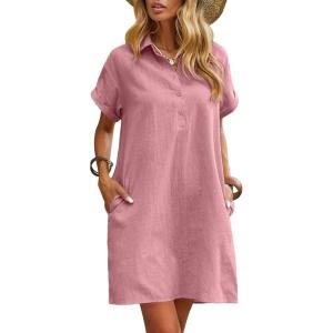 imageZeagoo Womens Cotton Shirt Dress Summer Casual Short Sleeve Button Down Beach Cover Up Shirts with PocketsPink