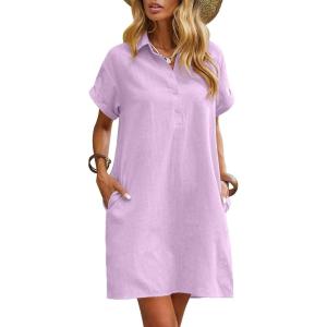 imageZeagoo Womens Cotton Shirt Dress Summer Casual Short Sleeve Button Down Beach Cover Up Shirts with PocketsPurple