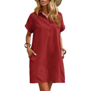 imageZeagoo Womens Cotton Shirt Dress Summer Casual Short Sleeve Button Down Beach Cover Up Shirts with PocketsRed