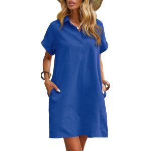 imageZeagoo Womens Cotton Shirt Dress Summer Casual Short Sleeve Button Down Beach Cover Up Shirts with PocketsRoyal Blue