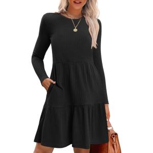 imageZeagoo Womens Long Sleeve Fall Dresses with Pockets 2024 Ribbed Knit Casual Crew Neck Knee Length Sweater DressBlack