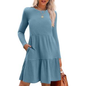 imageZeagoo Womens Long Sleeve Fall Dresses with Pockets 2024 Ribbed Knit Casual Crew Neck Knee Length Sweater DressBlue