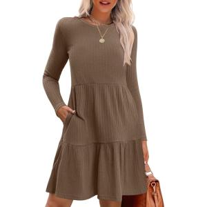 imageZeagoo Womens Long Sleeve Fall Dresses with Pockets 2024 Ribbed Knit Casual Crew Neck Knee Length Sweater DressBrown