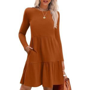 imageZeagoo Womens Long Sleeve Fall Dresses with Pockets 2024 Ribbed Knit Casual Crew Neck Knee Length Sweater DressCaramel Color