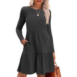 imageZeagoo Womens Long Sleeve Fall Dresses with Pockets 2024 Ribbed Knit Casual Crew Neck Knee Length Sweater DressDark Grey