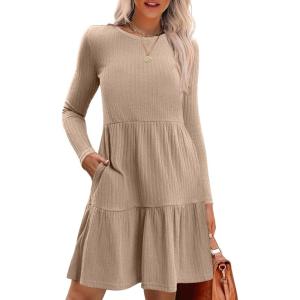 imageZeagoo Womens Long Sleeve Fall Dresses with Pockets 2024 Ribbed Knit Casual Crew Neck Knee Length Sweater DressKhaki
