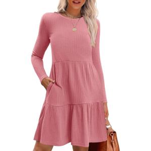 imageZeagoo Womens Long Sleeve Fall Dresses with Pockets 2024 Ribbed Knit Casual Crew Neck Knee Length Sweater DressPink