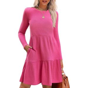 imageZeagoo Womens Long Sleeve Fall Dresses with Pockets 2024 Ribbed Knit Casual Crew Neck Knee Length Sweater DressRose Red