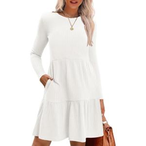 imageZeagoo Womens Long Sleeve Fall Dresses with Pockets 2024 Ribbed Knit Casual Crew Neck Knee Length Sweater DressWhite