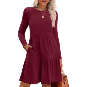 imageZeagoo Womens Long Sleeve Fall Dresses with Pockets 2024 Ribbed Knit Casual Crew Neck Knee Length Sweater DressWine Red