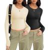 imageZeagoo Long Sleeve Shirts for Women Basic Scoop Neck Crop Tops Casual Slim Fitted Y2k Clothes 2024 Ribbed Knit Thermal TeeBlack off White