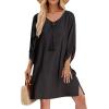 imageZeagoo Womens Boho Dresses Casual Beach Summer Dress Tassel Tie Neck 34 Long Sleeve Mini Sundress 2025 Floral Print Cover UpSolid Black