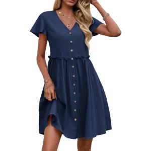 imageZeagoo Button Down Summer Dress 2025 Spring Flutter Sleeve Cotton Linen Dress with Pockets Beach A Line Casual DressNavy Blue