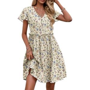 imageZeagoo Button Down Summer Dress 2025 Spring Flutter Sleeve Cotton Linen Dress with Pockets Beach A Line Casual DressPrinted Beige