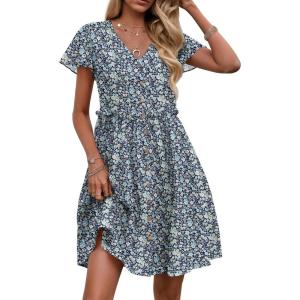 imageZeagoo Button Down Summer Dress 2025 Spring Flutter Sleeve Cotton Linen Dress with Pockets Beach A Line Casual DressPrinted Blue