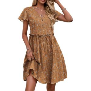 imageZeagoo Button Down Summer Dress 2025 Spring Flutter Sleeve Cotton Linen Dress with Pockets Beach A Line Casual DressPrinted Brown