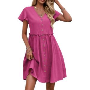 imageZeagoo Button Down Summer Dress 2025 Spring Flutter Sleeve Cotton Linen Dress with Pockets Beach A Line Casual DressRose Red