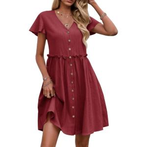 imageZeagoo Button Down Summer Dress 2025 Spring Flutter Sleeve Cotton Linen Dress with Pockets Beach A Line Casual DressWine Red