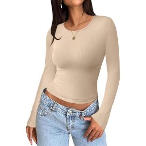 imageZeagoo Long Sleeve Shirts for Women Basic Scoop Neck Crop Tops Casual Slim Fitted Y2k Clothes 2024 Ribbed Knit Thermal TeeBeige