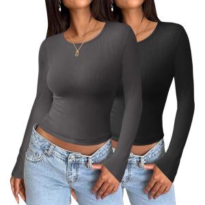 imageZeagoo Long Sleeve Shirts for Women Basic Scoop Neck Crop Tops Casual Slim Fitted Y2k Clothes 2024 Ribbed Knit Thermal TeeBlack grey