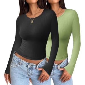 imageZeagoo Long Sleeve Shirts for Women Basic Scoop Neck Crop Tops Casual Slim Fitted Y2k Clothes 2024 Ribbed Knit Thermal TeeBlack light Green