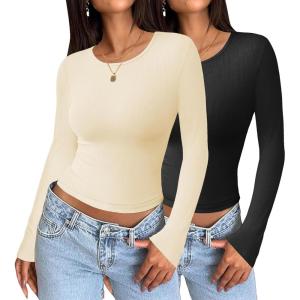 imageZeagoo Long Sleeve Shirts for Women Basic Scoop Neck Crop Tops Casual Slim Fitted Y2k Clothes 2024 Ribbed Knit Thermal TeeBlack off White