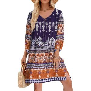 imageZeagoo Womens Boho Dresses Casual Beach Summer Dress Tassel Tie Neck 34 Long Sleeve Mini Sundress 2025 Floral Print Cover Up01 Navy