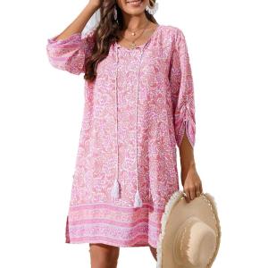 imageZeagoo Womens Boho Dresses Casual Beach Summer Dress Tassel Tie Neck 34 Long Sleeve Mini Sundress 2025 Floral Print Cover Up01 Pink