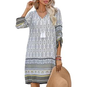 imageZeagoo Womens Boho Dresses Casual Beach Summer Dress Tassel Tie Neck 34 Long Sleeve Mini Sundress 2025 Floral Print Cover Up01 White