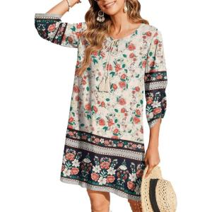 imageZeagoo Womens Boho Dresses Casual Beach Summer Dress Tassel Tie Neck 34 Long Sleeve Mini Sundress 2025 Floral Print Cover Up02 Apricot