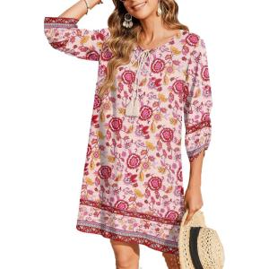 imageZeagoo Womens Boho Dresses Casual Beach Summer Dress Tassel Tie Neck 34 Long Sleeve Mini Sundress 2025 Floral Print Cover Up02 Pink