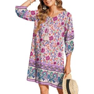 imageZeagoo Womens Boho Dresses Casual Beach Summer Dress Tassel Tie Neck 34 Long Sleeve Mini Sundress 2025 Floral Print Cover Up03 Apricot