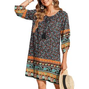 imageZeagoo Womens Boho Dresses Casual Beach Summer Dress Tassel Tie Neck 34 Long Sleeve Mini Sundress 2025 Floral Print Cover UpBlack
