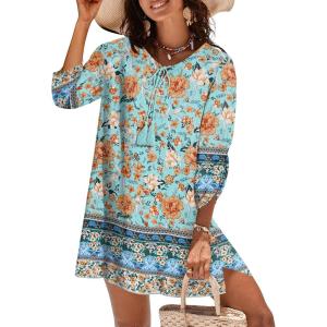 imageZeagoo Womens Boho Dresses Casual Beach Summer Dress Tassel Tie Neck 34 Long Sleeve Mini Sundress 2025 Floral Print Cover UpGreen