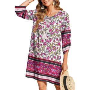 imageZeagoo Womens Boho Dresses Casual Beach Summer Dress Tassel Tie Neck 34 Long Sleeve Mini Sundress 2025 Floral Print Cover UpPurple