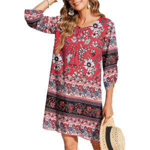 imageZeagoo Womens Boho Dresses Casual Beach Summer Dress Tassel Tie Neck 34 Long Sleeve Mini Sundress 2025 Floral Print Cover UpRed